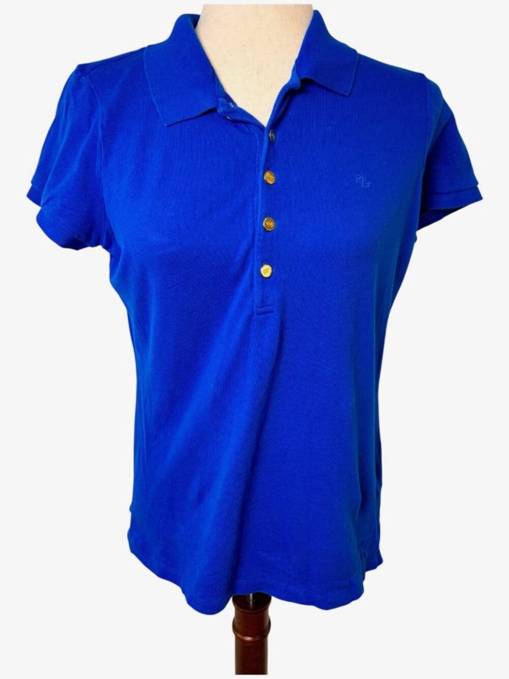 Lauren Ralph Lauren Royal Blue Gold Button Stretch Cotton Polo Shirt Large